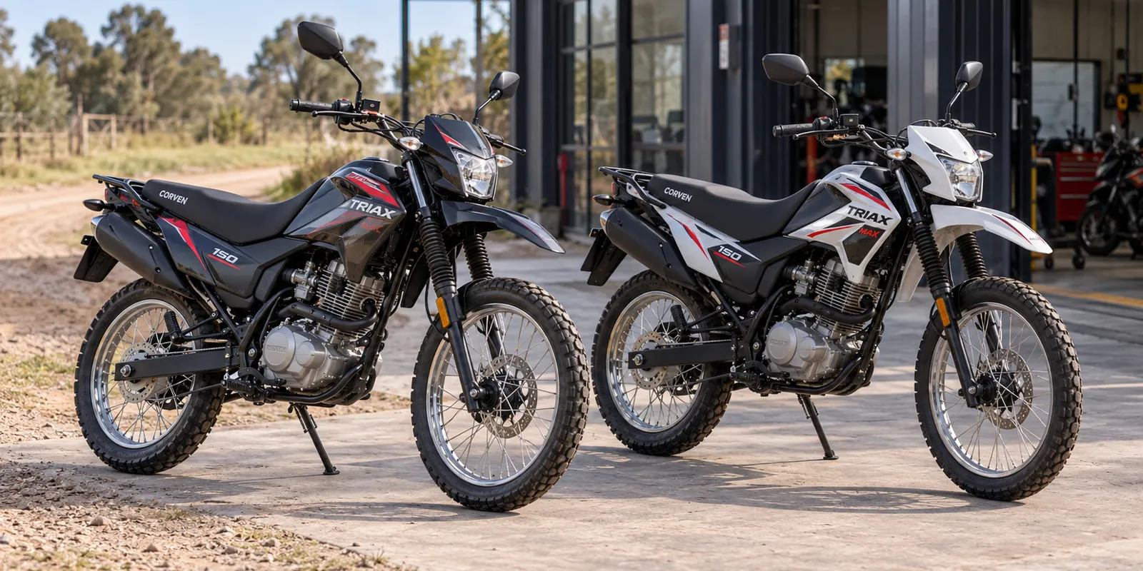 Dos Corven Triax 150 on/off, una negra y otra blanca, frente a un taller de motos