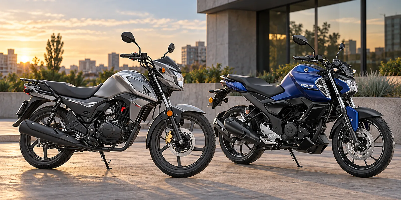 Honda GLH 150 gris y Yamaha FZ-S 150 azul estacionadas frente a un edificio