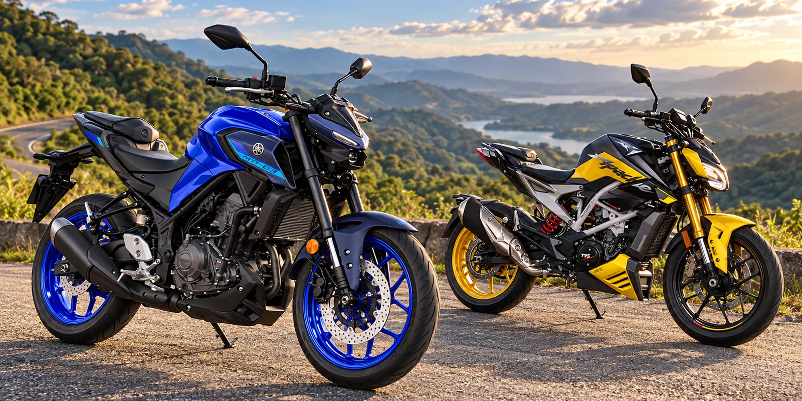Dos motos naked de 300 cc, una azul y otra amarilla, en un mirador sobre un lago