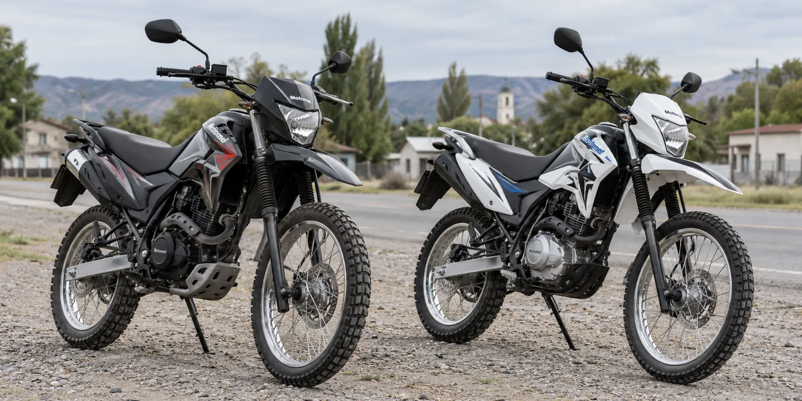 Motomel Skua 250 negra y Motomel XMM 250 blanca en una calle con sierras de fondo