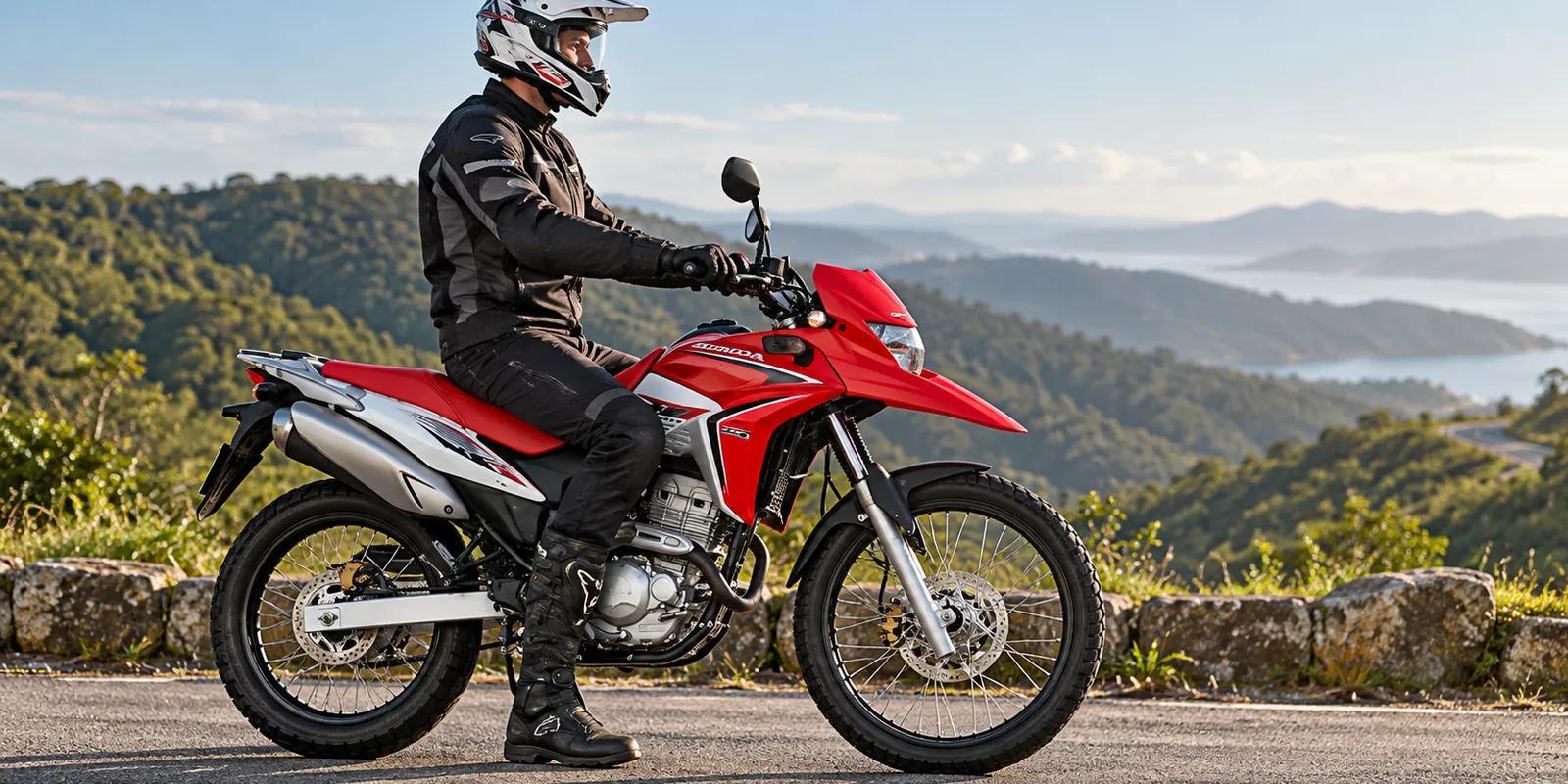 Motociclista alto sentado en una moto on-off roja en un mirador
